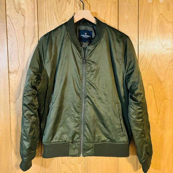 American Eagle Men’s Olive Green Bomber Jacket Size L Lightweight Zip-Up Casual - Picture 2 of 4